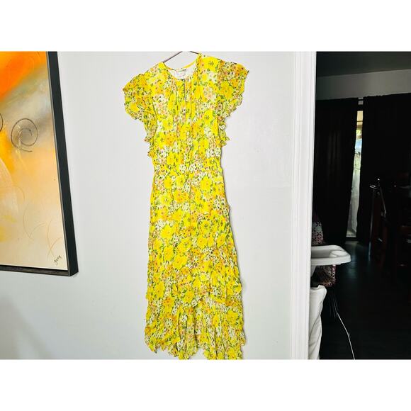SHOSHANNA Yellow Floral Chiffon Short Flutter Sleeve Ruffle Hemline Dress size 0 - Picture 2 of 13
